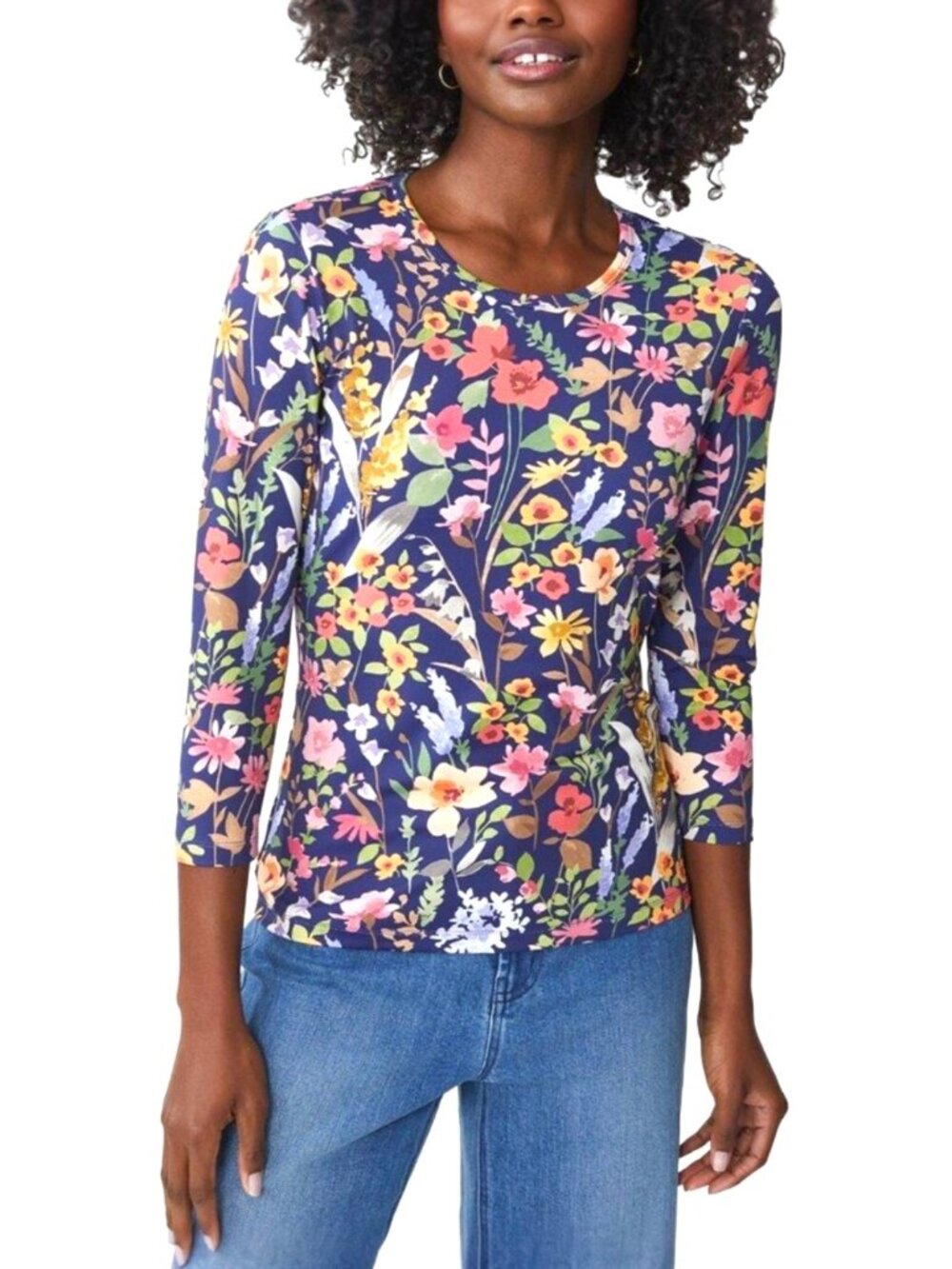 J. McLaughlin multi floral wildflower meadow boho cottage signature tee L New